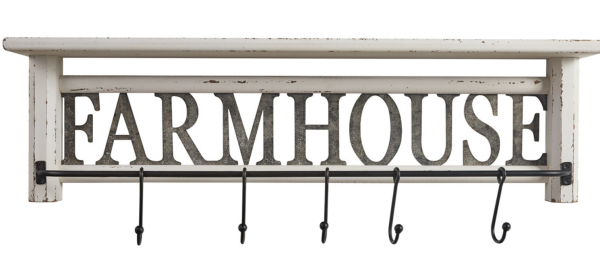 A rustic farmhouse style rack with hooks and the word farmhouse, perfect for farmhouse decor enthusiasts.